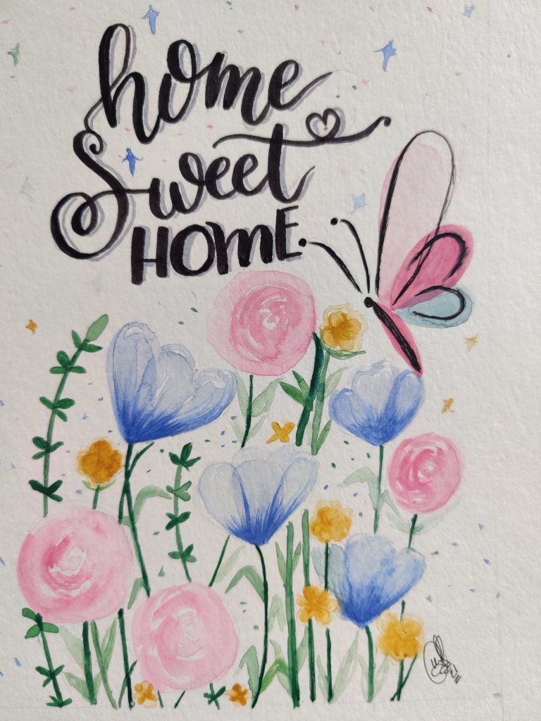 Flores azules, rosas y amarillas con una mariposa, mas el texto home sweet home
