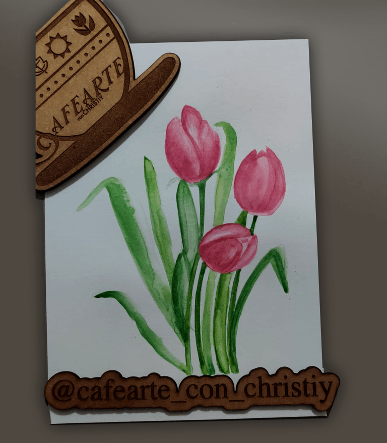 Tulipanes en Color rosa y hojas y tallos verdes pintados en acuarelas